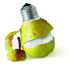Fotografía de una bombilla cubierta por la piel de una pera que se está pelando dejando ver tras ella a la bombilla que cubre. La imagen trata de trasmitir la innovación y el desarrollo en proyectos empresariales