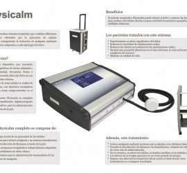 La imagen muestra una fotografía del producto Physicalm y a su lado texto con sus caracteristicas. Physicalm produce alivio contra el dolor en pacientes